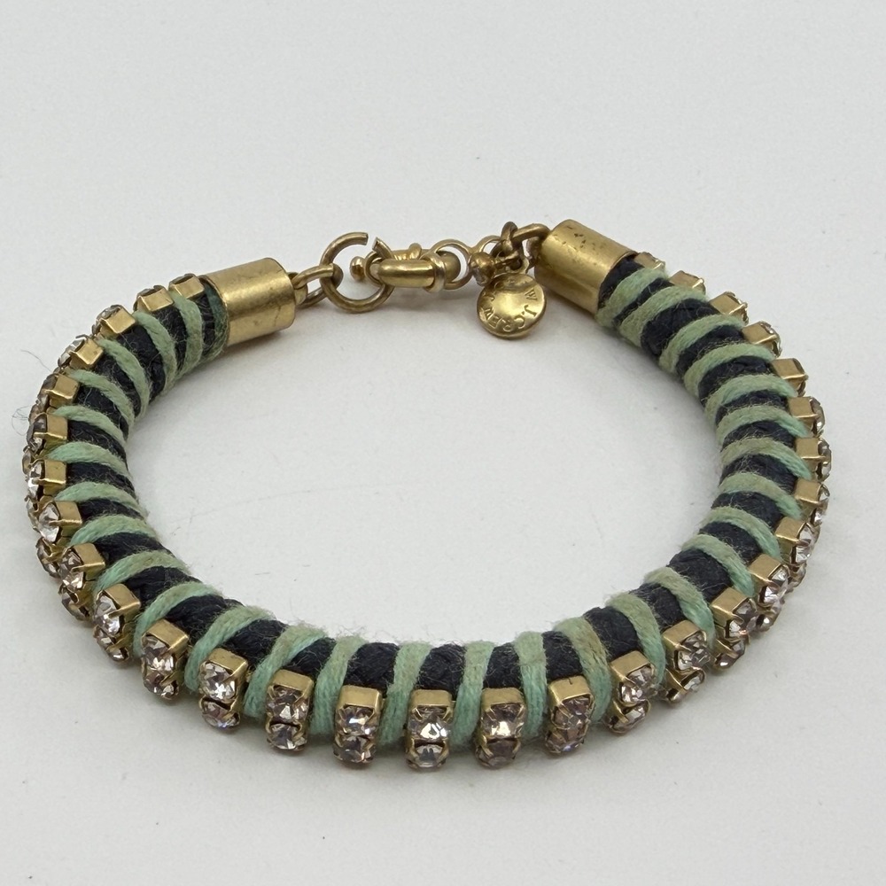 J.Crew Crystal Rhinestone Black Mint Thread Wrap Bracelet Gold Tone Statement